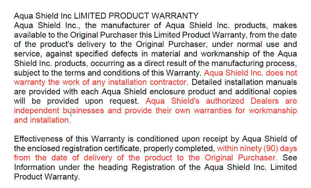 Limited Aquashield Warranty